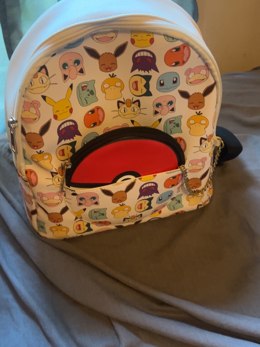 Pokemon White Multicolor Faces Mini Backpack with Pokeball Pocket